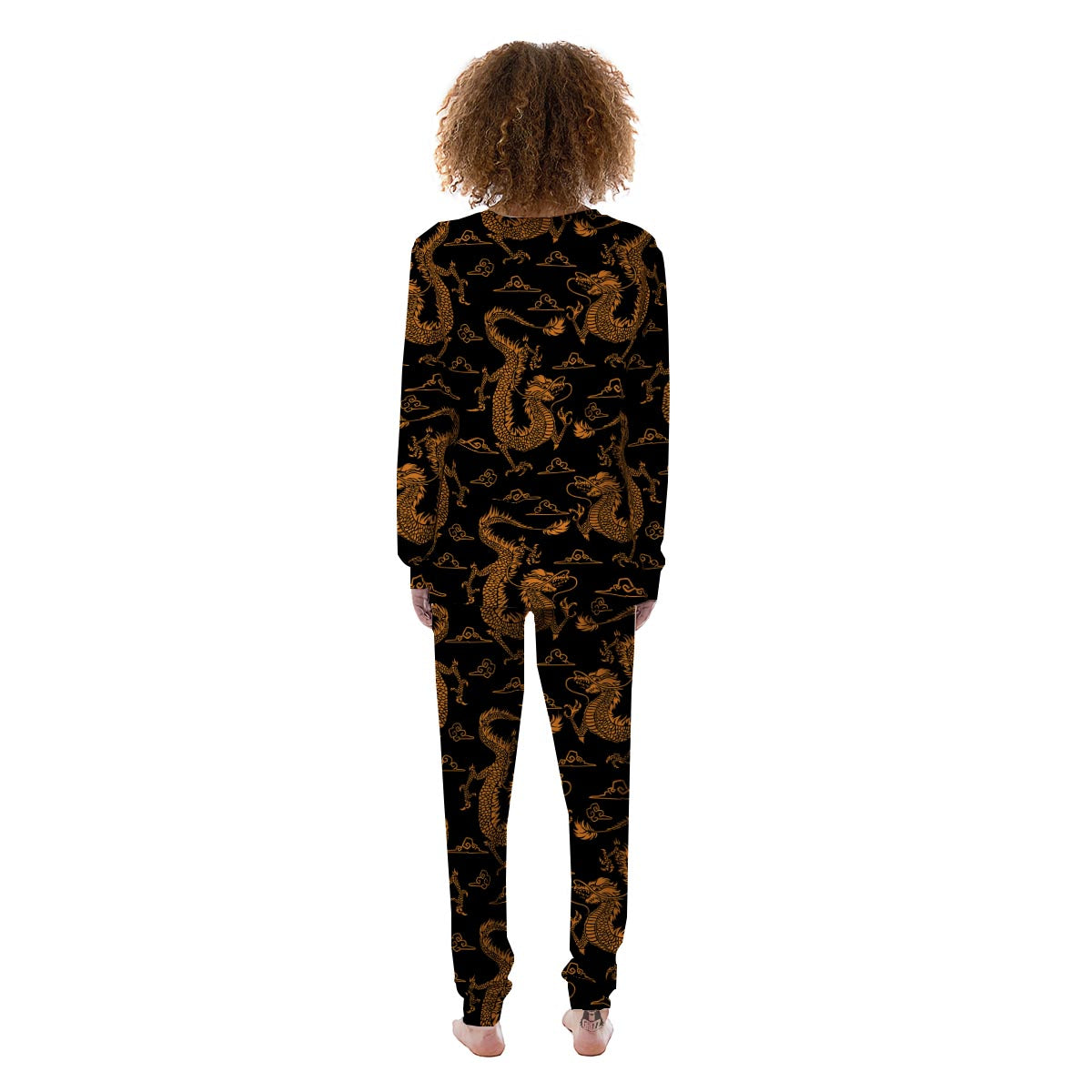 Gold Janpanese Dragon Print Women's Pajamas-grizzshop