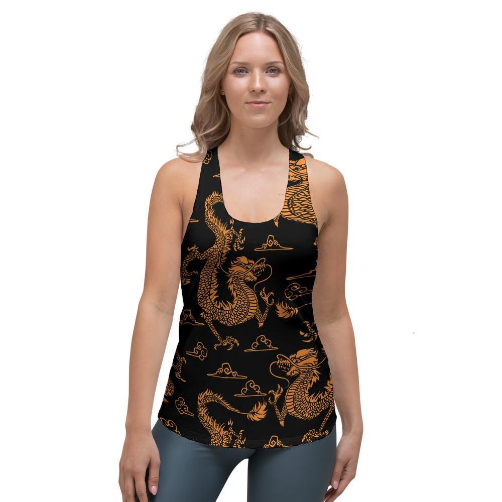 Gold Janpanese Dragon Print Women's Racerback Tank Top-grizzshop