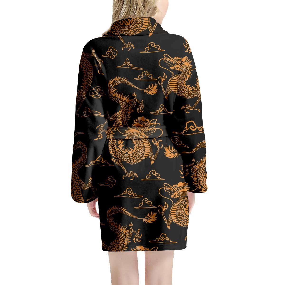 Gold Janpanese Dragon Print Women's Robe-grizzshop