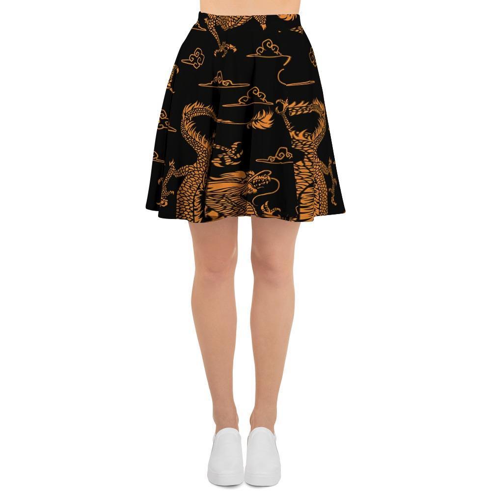 Gold Janpanese Dragon Print Women's Skirt-grizzshop