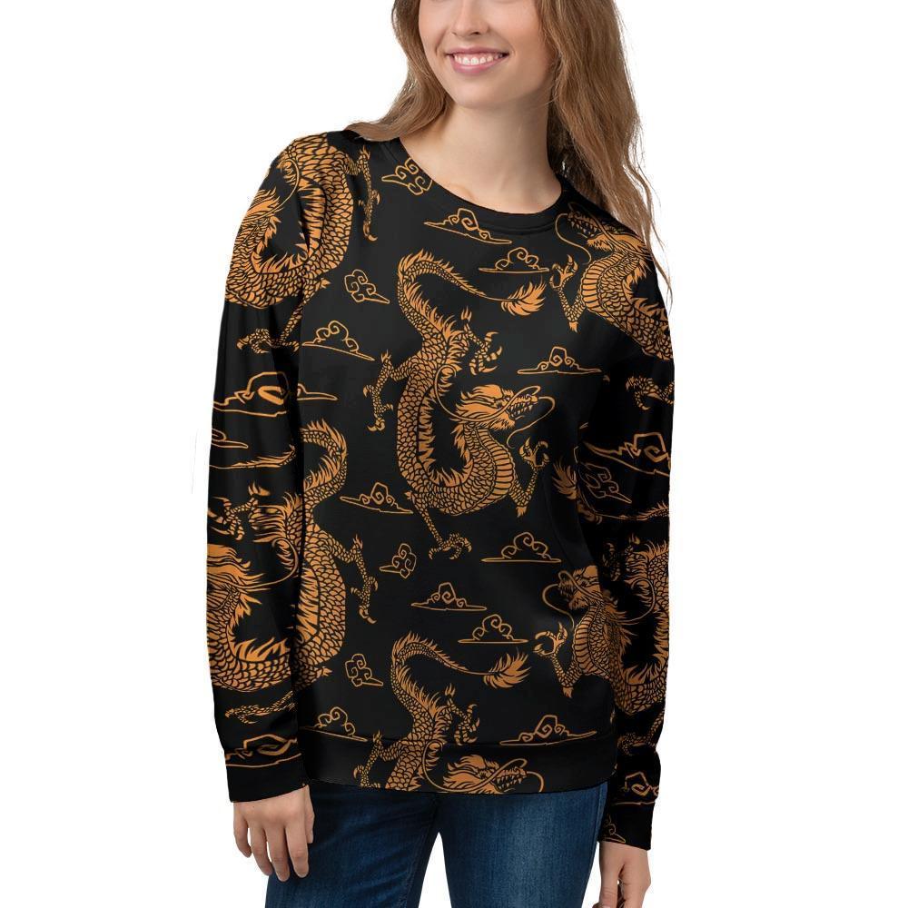 Gold Janpanese Dragon Print Women's Sweatshirt-grizzshop