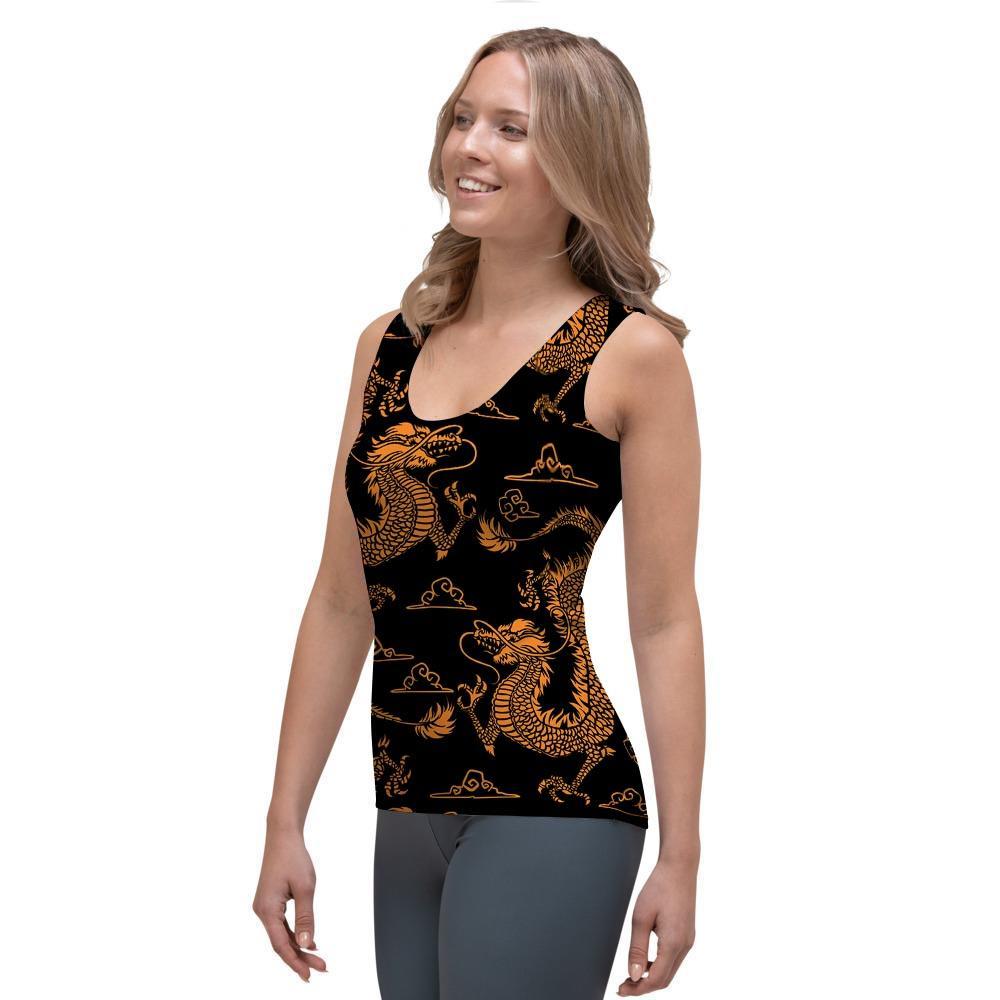 Gold Janpanese Dragon Print Women's Tank Top-grizzshop
