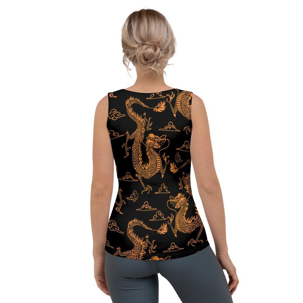 Gold Janpanese Dragon Print Women's Tank Top-grizzshop