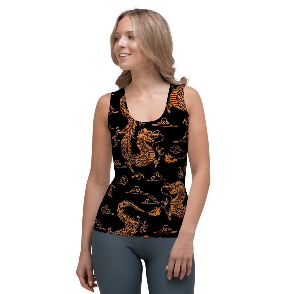 Gold Janpanese Dragon Print Women's Tank Top-grizzshop