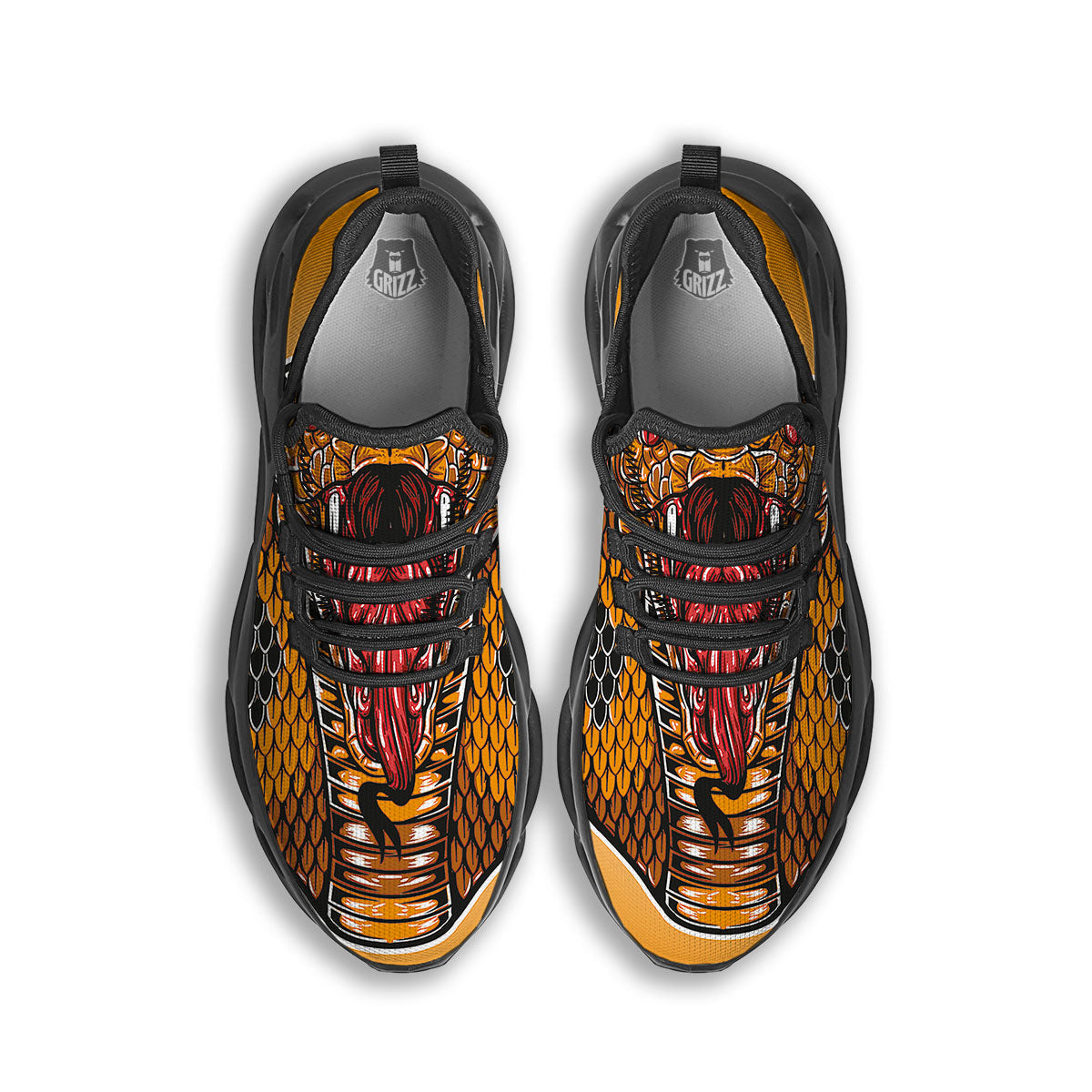 Gold King Cobra Snake Head Print Black Running Shoes
