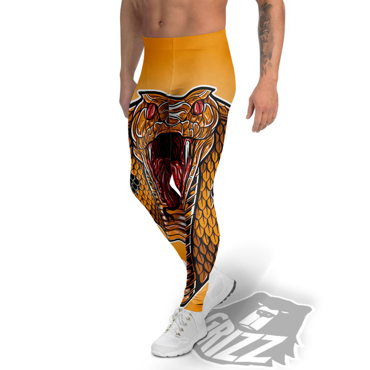 Gold King Cobra Snake Head Print Men's Leggings-grizzshop