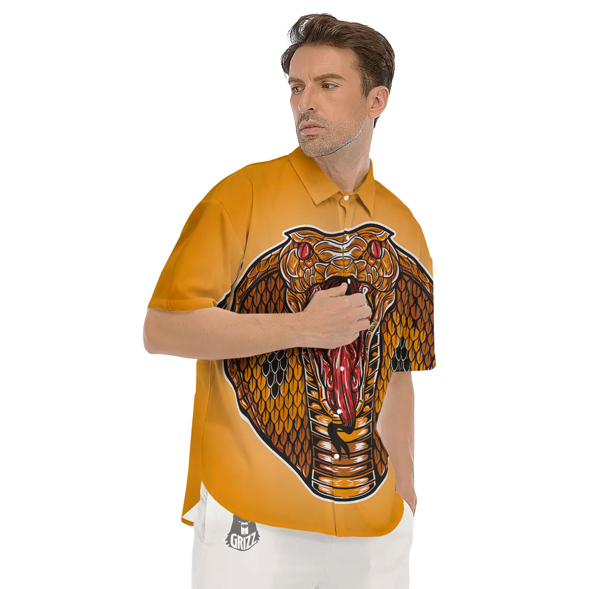 Gold King Cobra Snake Head Print Men's Short Sleeve Shirts-grizzshop