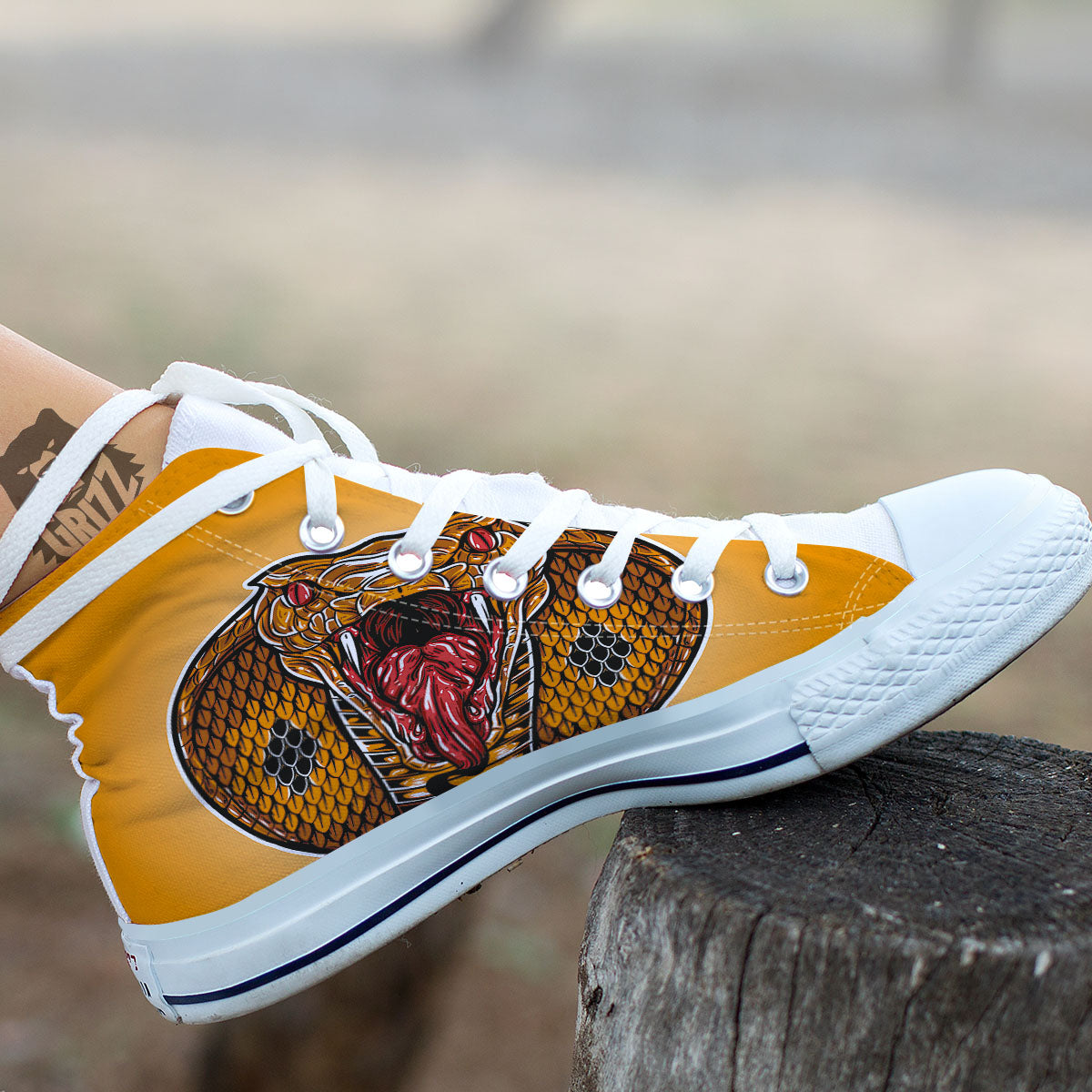 Gold King Cobra Snake Head Print White High Top Shoes-grizzshop