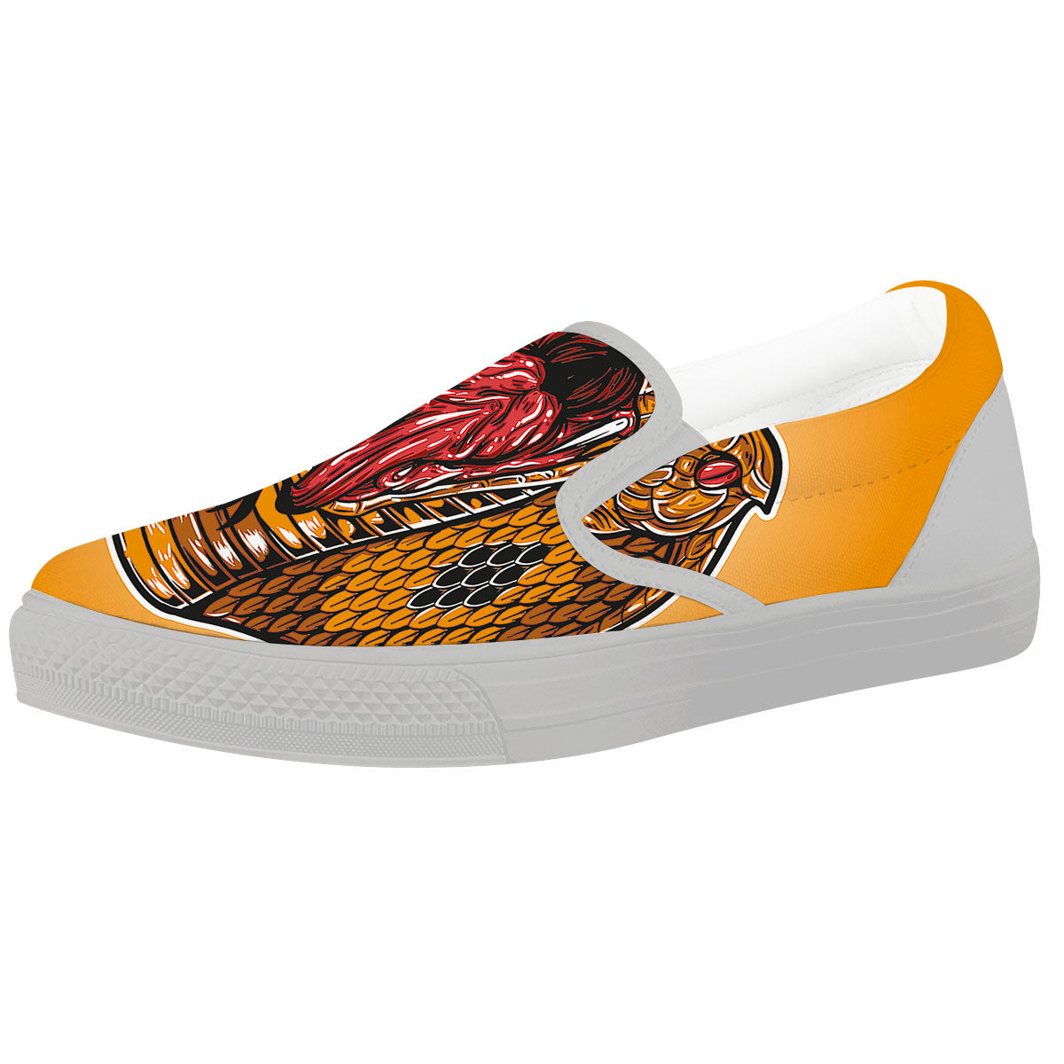 Gold King Cobra Snake Head Print White Slip On Shoes-grizzshop