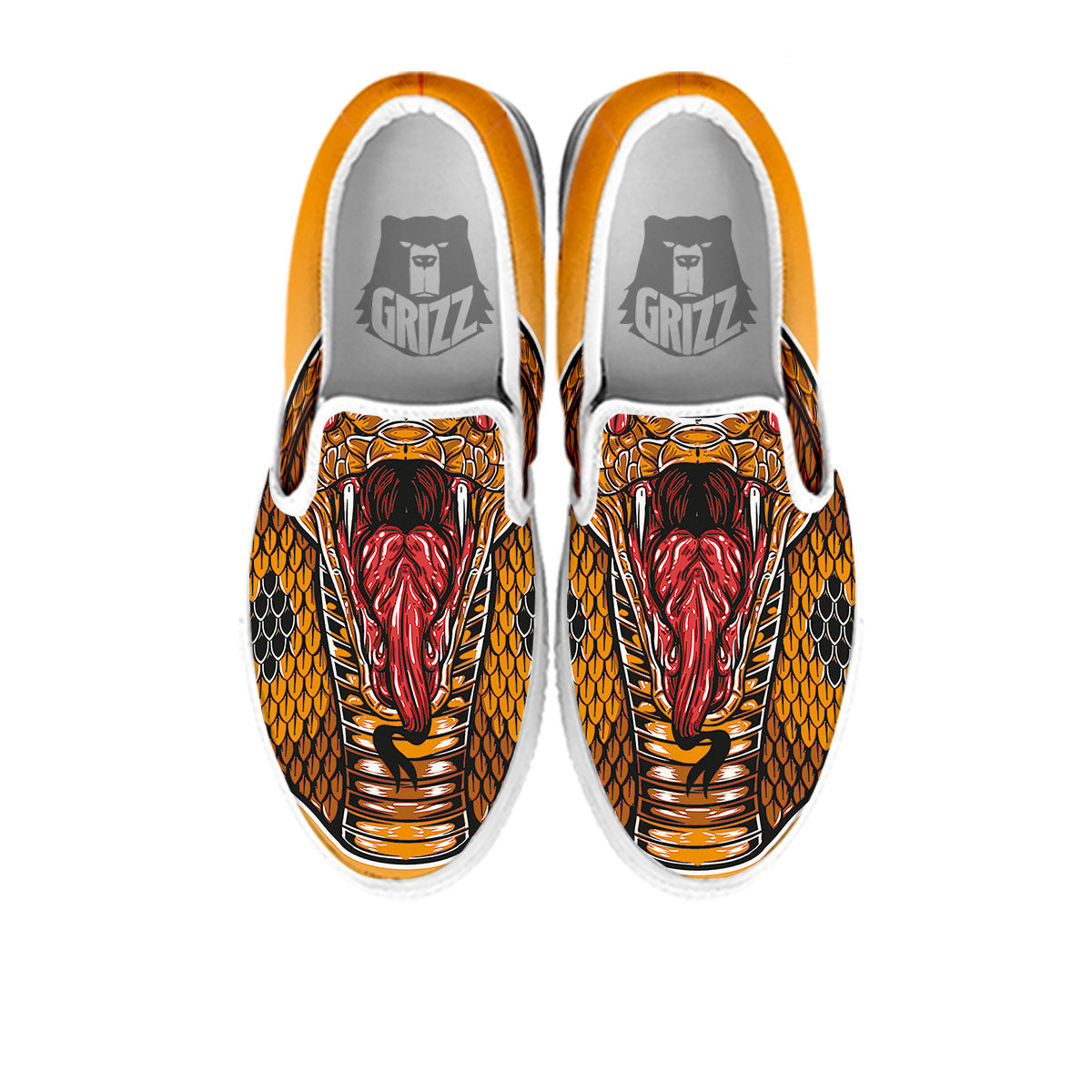 Gold King Cobra Snake Head Print White Slip On Shoes-grizzshop