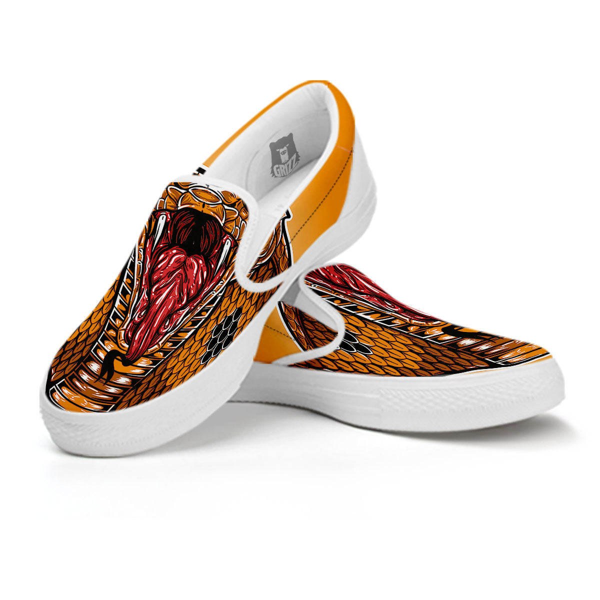 Gold King Cobra Snake Head Print White Slip On Shoes-grizzshop