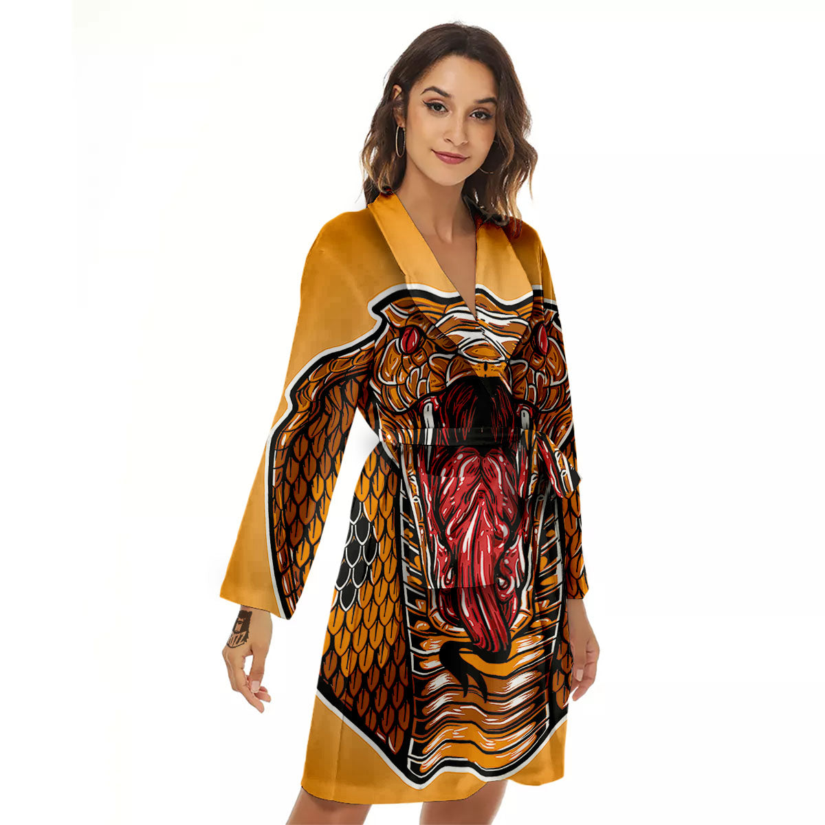 Gold King Cobra Snake Head Print Women's Robe-grizzshop