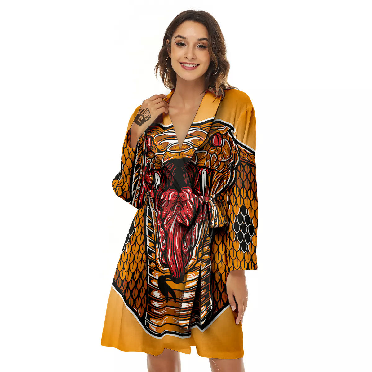 Gold King Cobra Snake Head Print Women's Robe-grizzshop
