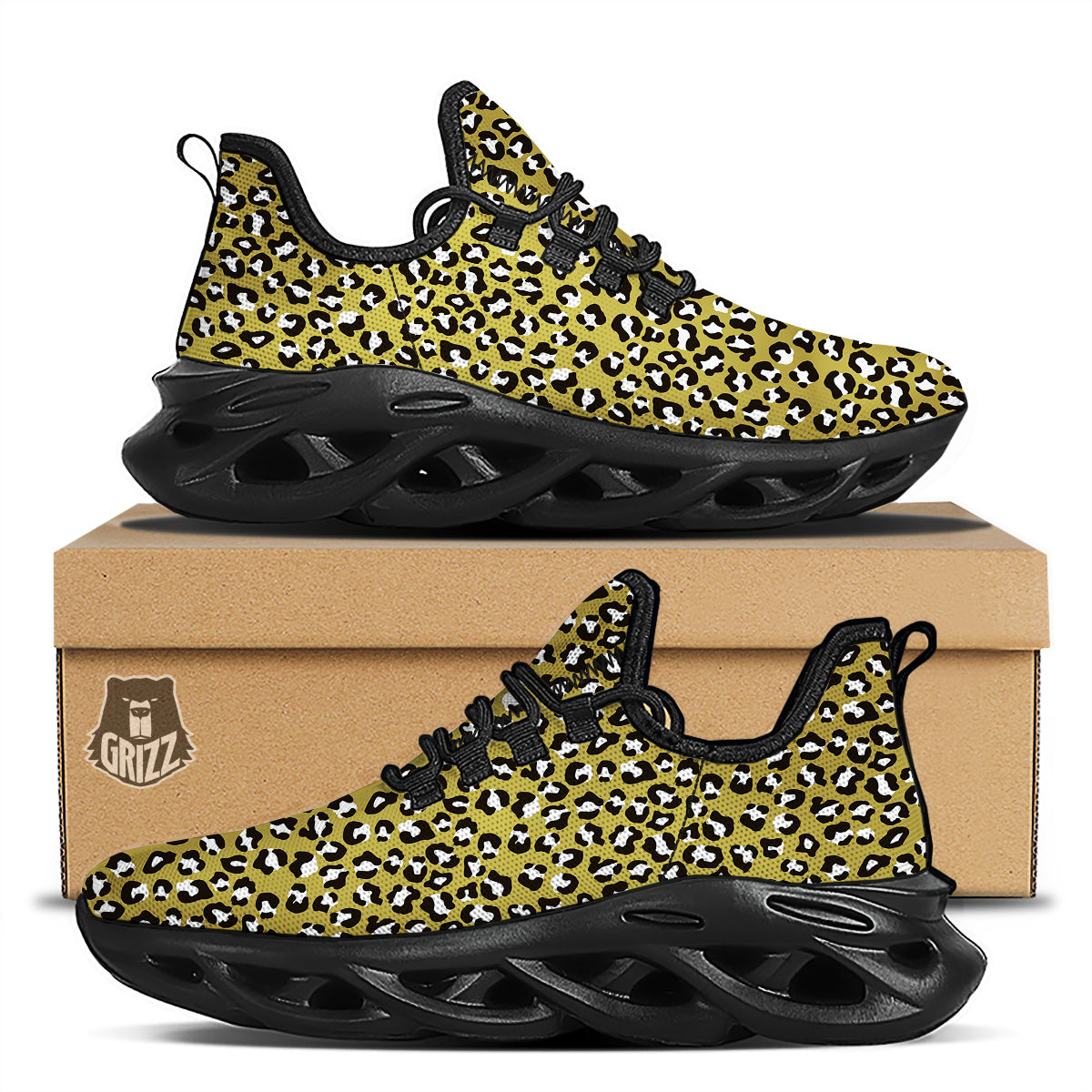 Gold Leopard Print Pattern Black Running Shoes-grizzshop