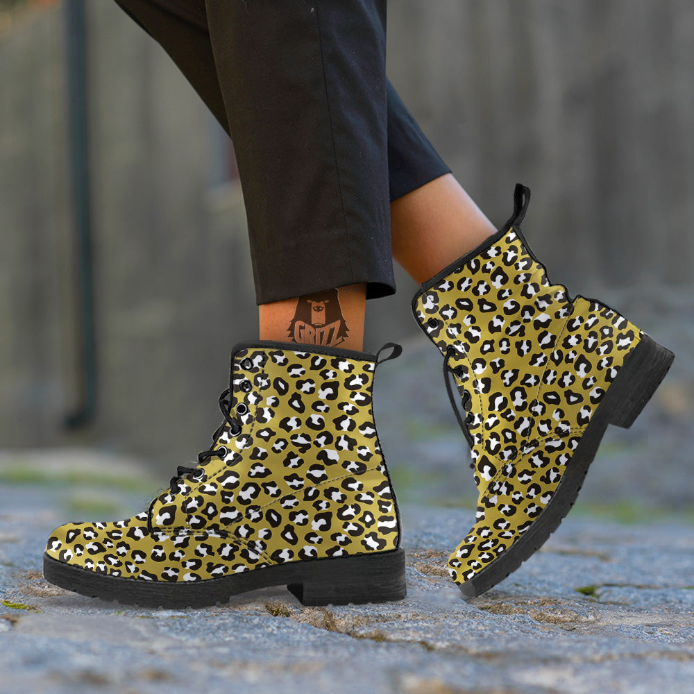 Gold Leopard Print Pattern Leather Boots-grizzshop