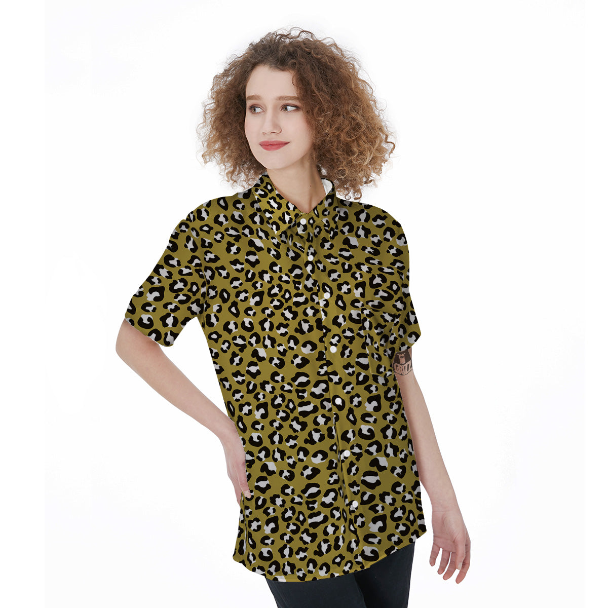 Gold Leopard Print Pattern Women's Short Sleeve Shirts-grizzshop