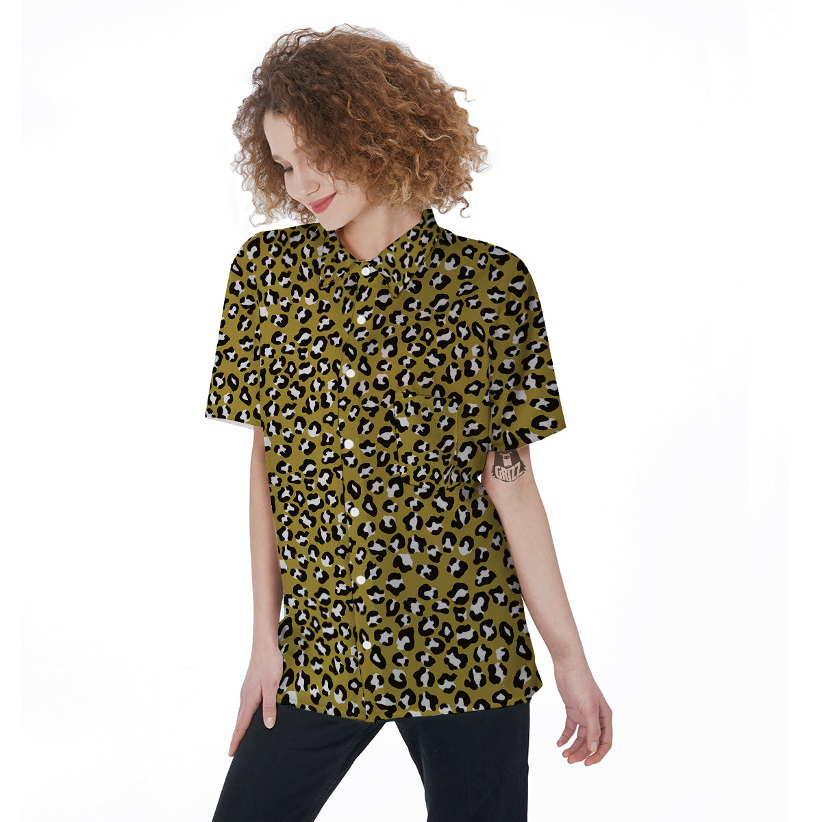 Gold Leopard Print Pattern Women's Short Sleeve Shirts-grizzshop