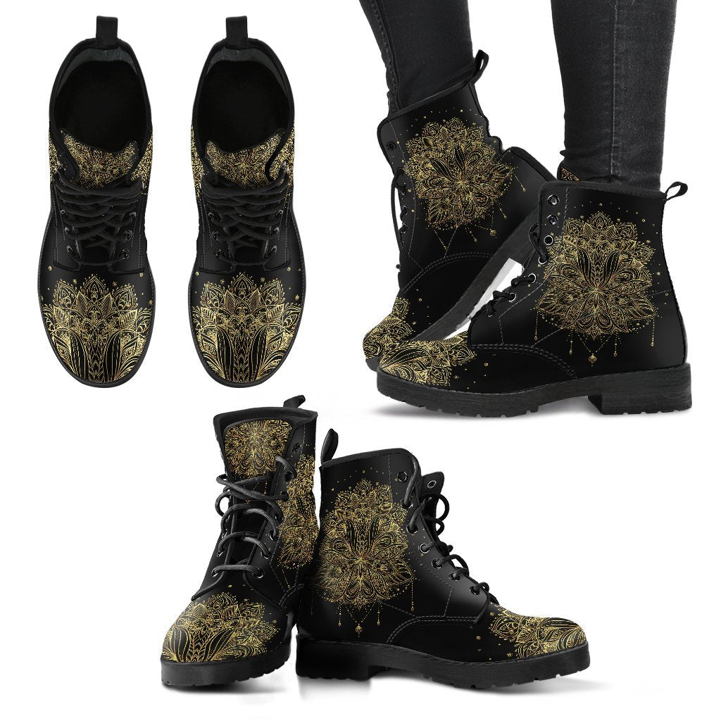 Gold Lotus Mandala Women's Leather Boots-grizzshop