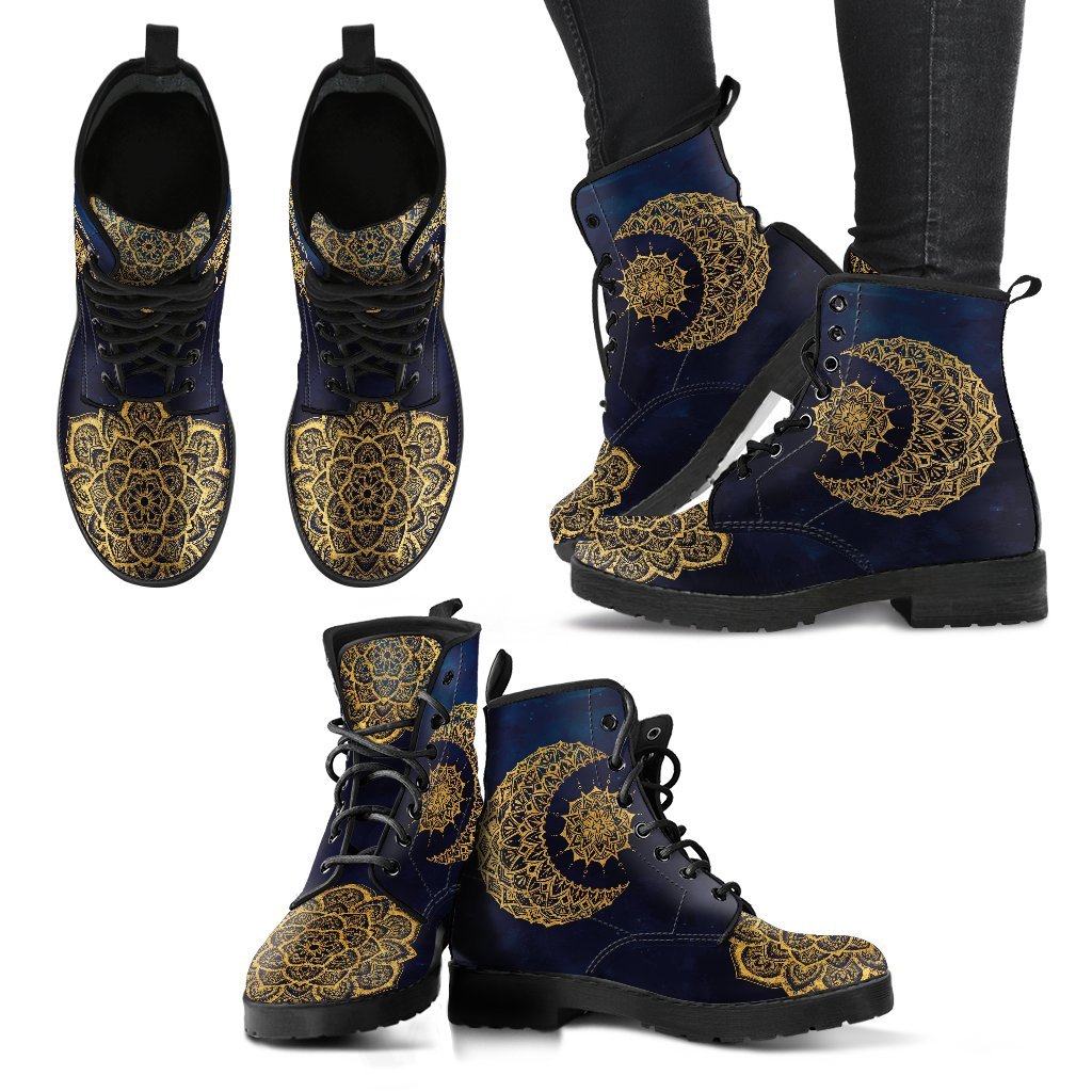 Gold Mandala Sun and Moon Women's Leather Boots-grizzshop