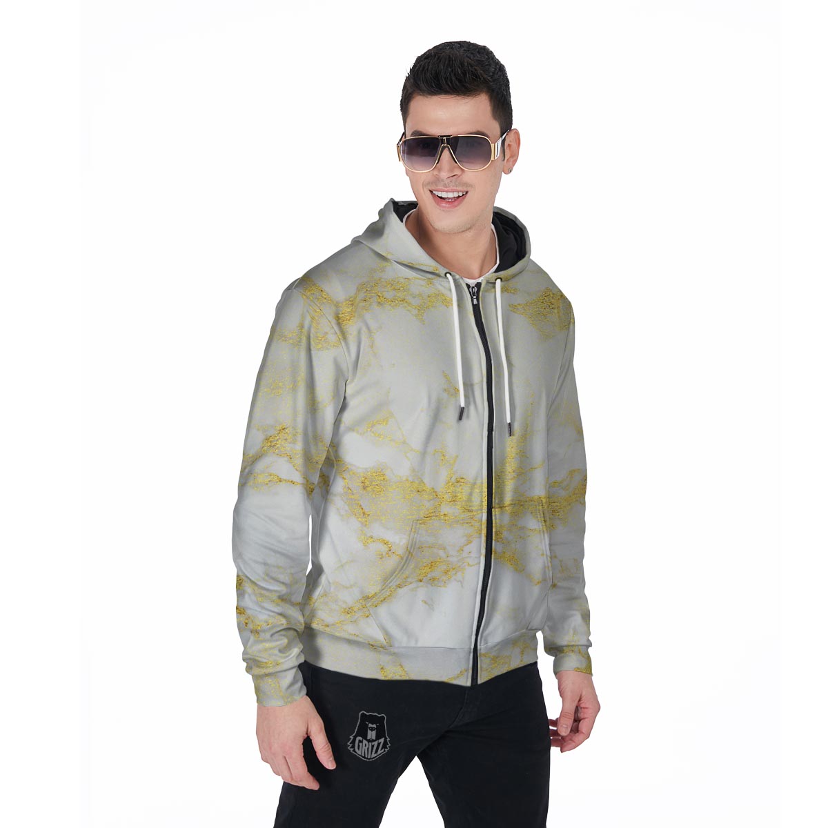 Gold Marble Men's Zip Up Hoodie-grizzshop