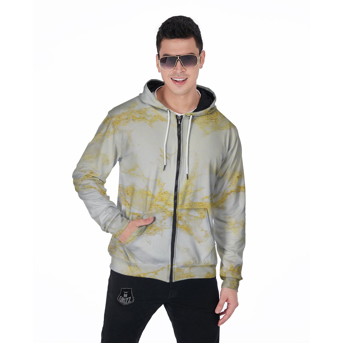 Gold Marble Men's Zip Up Hoodie-grizzshop