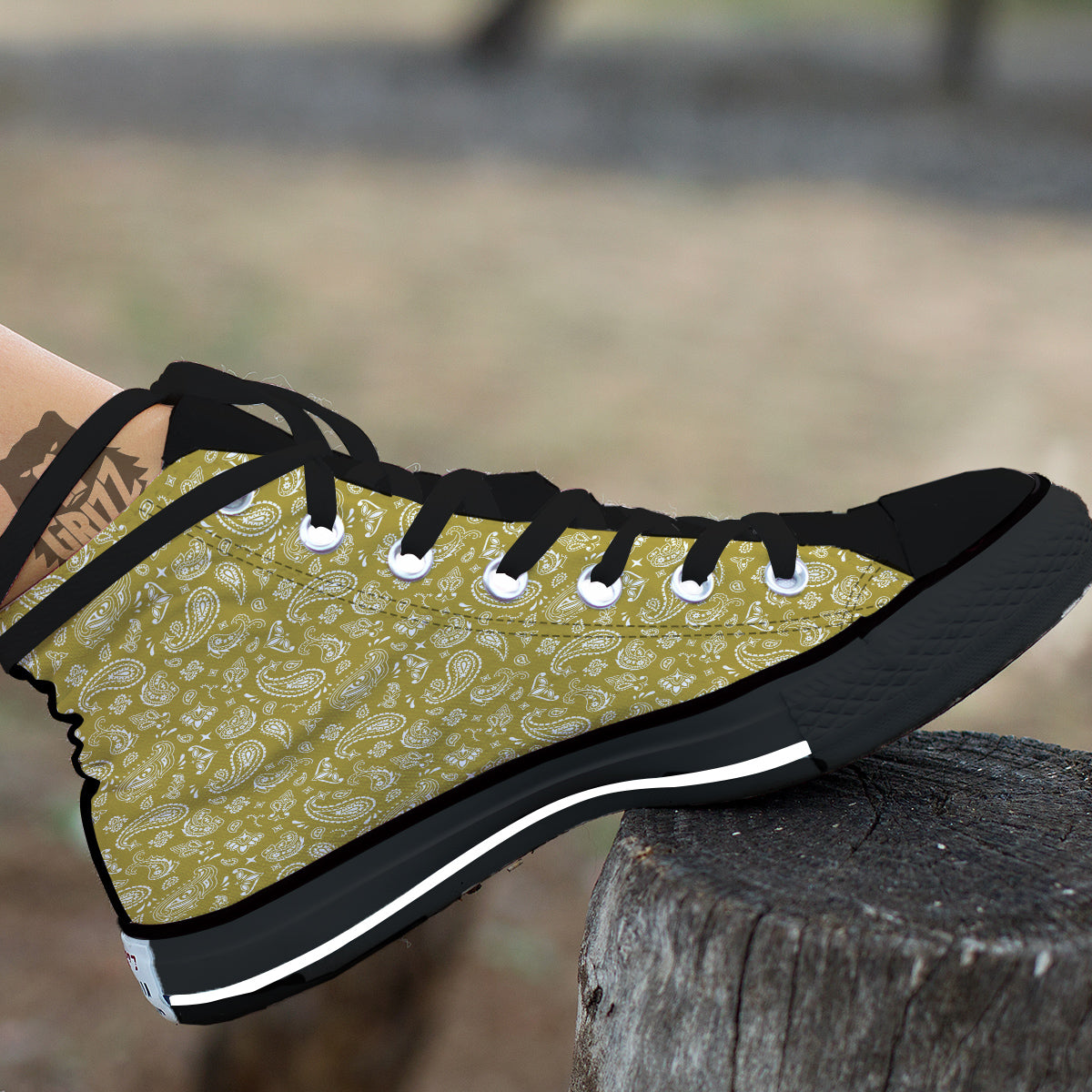 Gold Paisley Bandana Print Black High Top Shoes-grizzshop