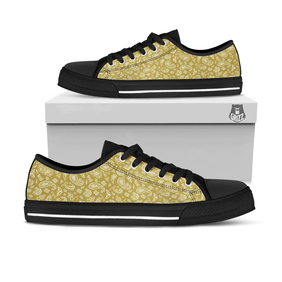 Gold Paisley Bandana Print Black Low Top Shoes-grizzshop