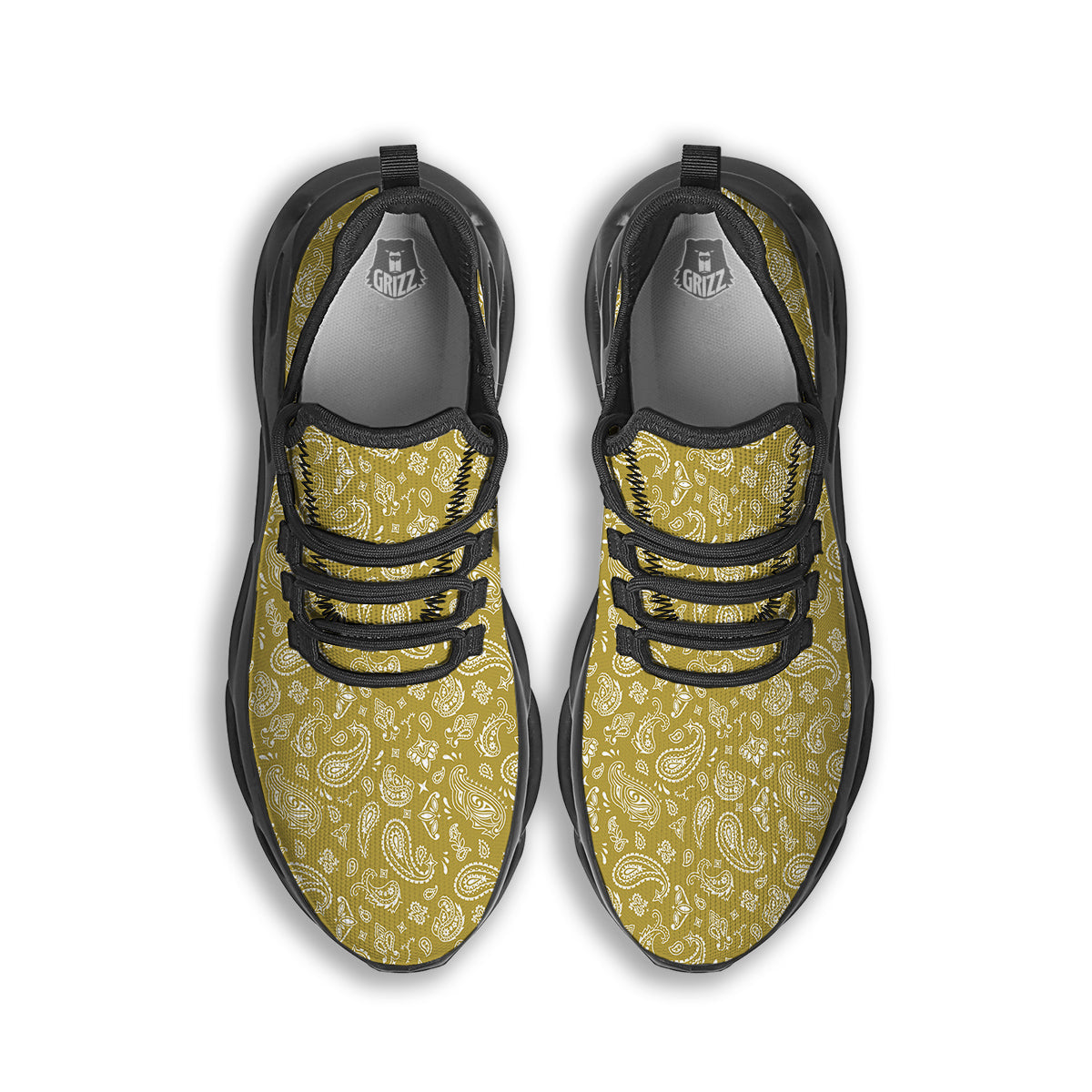 Gold Paisley Bandana Print Black Running Shoes-grizzshop