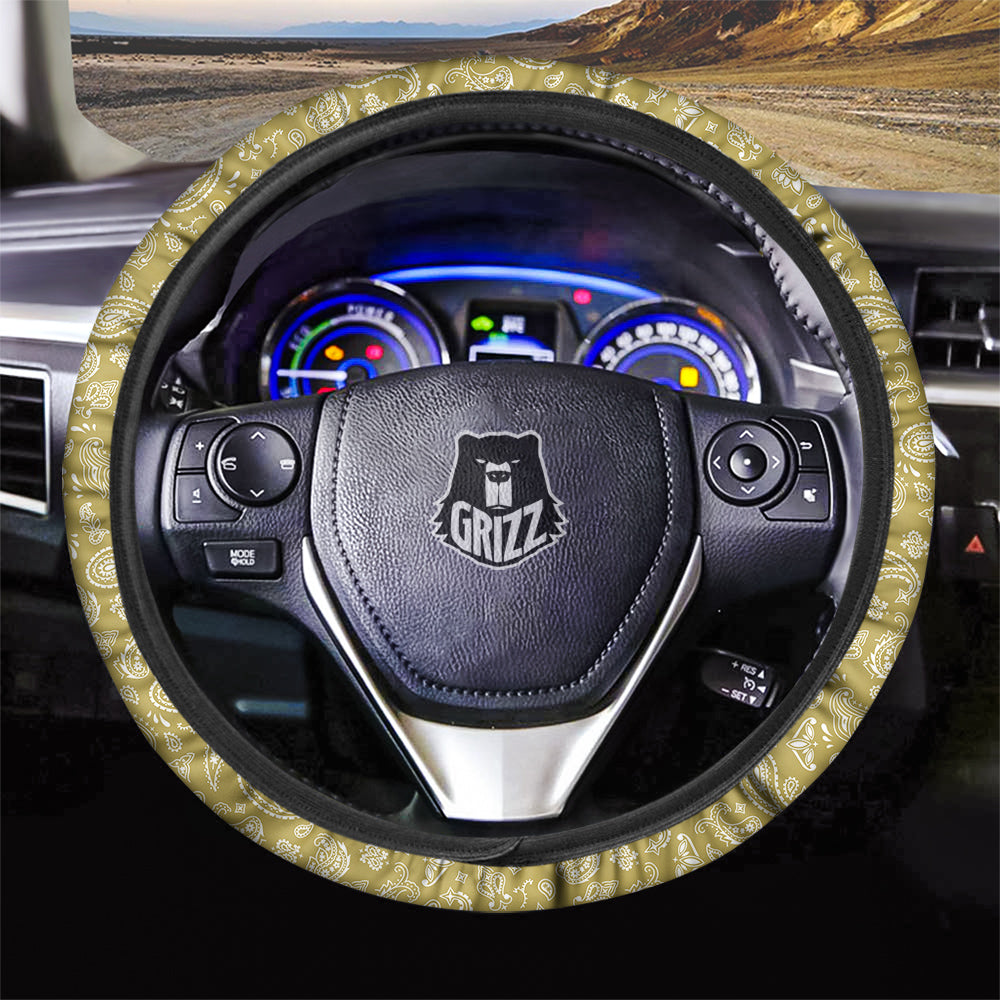 Gold Paisley Bandana Print Car Steering Wheel Cover-grizzshop