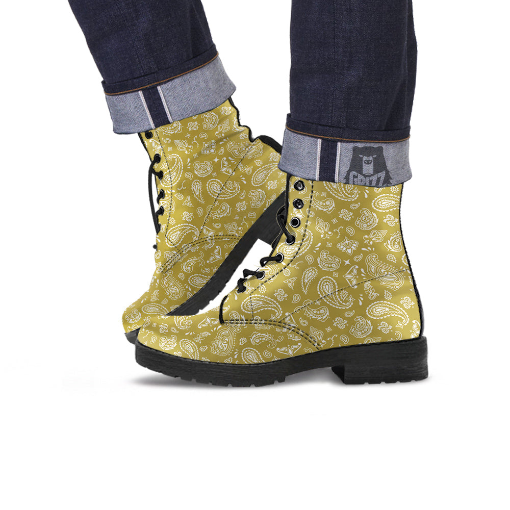 Gold Paisley Bandana Print Leather Boots-grizzshop