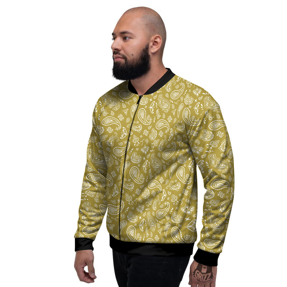 Gold Paisley Bandana Print Men's Bomber Jacket-grizzshop