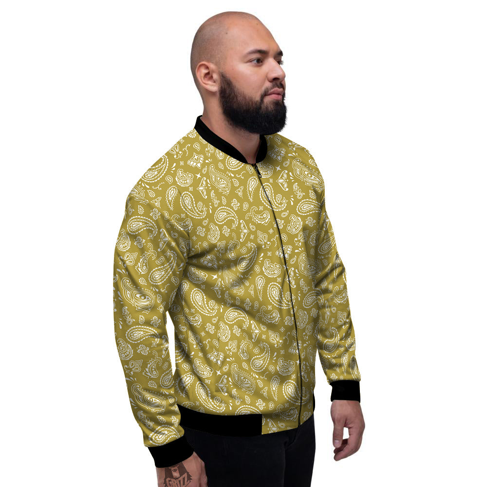 Gold Paisley Bandana Print Men's Bomber Jacket-grizzshop