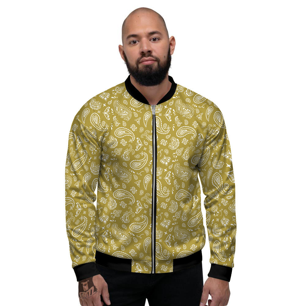 Gold Paisley Bandana Print Men's Bomber Jacket-grizzshop