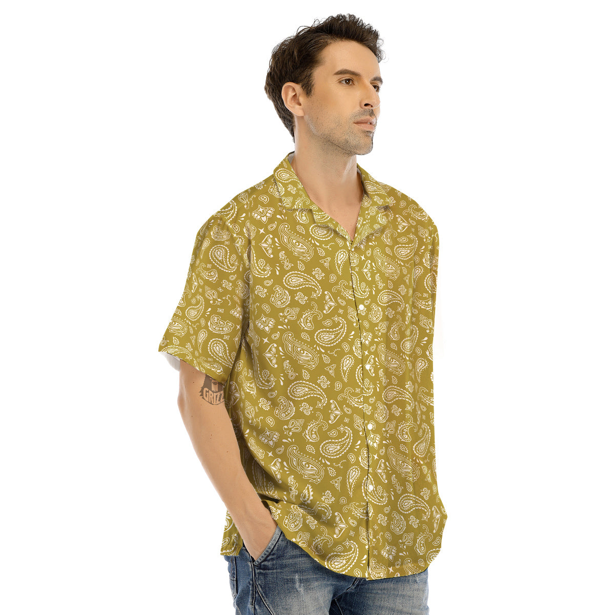 Gold Paisley Bandana Print Men’s Hawaiian Shirt-grizzshop