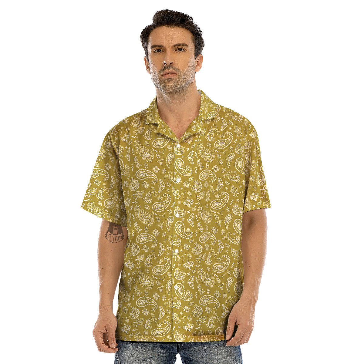 Gold Paisley Bandana Print Men’s Hawaiian Shirt-grizzshop