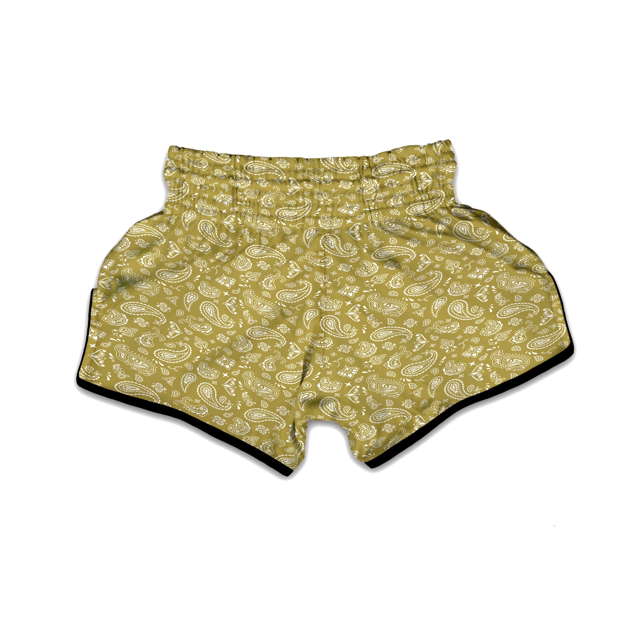 Gold Paisley Bandana Print Muay Thai Boxing Shorts-grizzshop