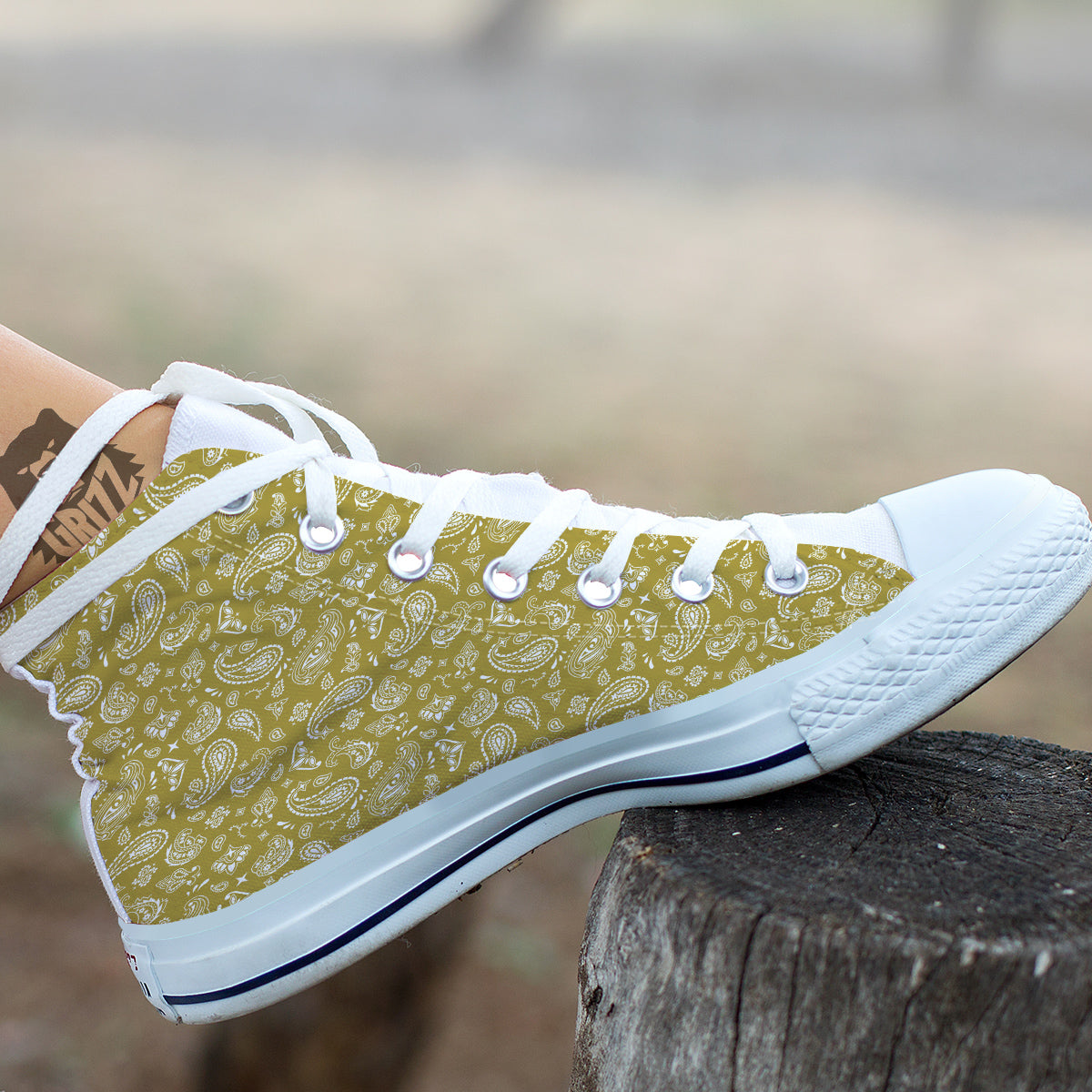 Gold Paisley Bandana Print White High Top Shoes-grizzshop