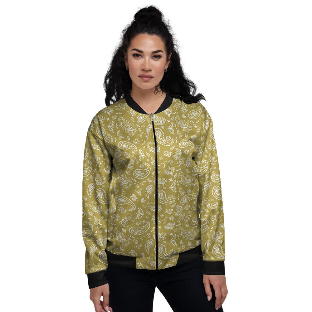 Gold Paisley Bandana Print Women's Bomber Jacket-grizzshop