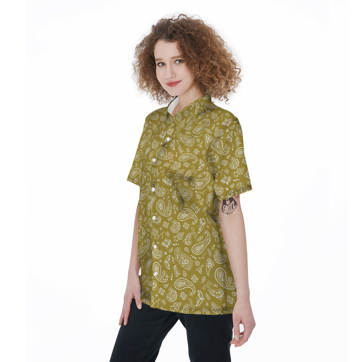 Gold Paisley Bandana Print Women's Short Sleeve Shirts-grizzshop