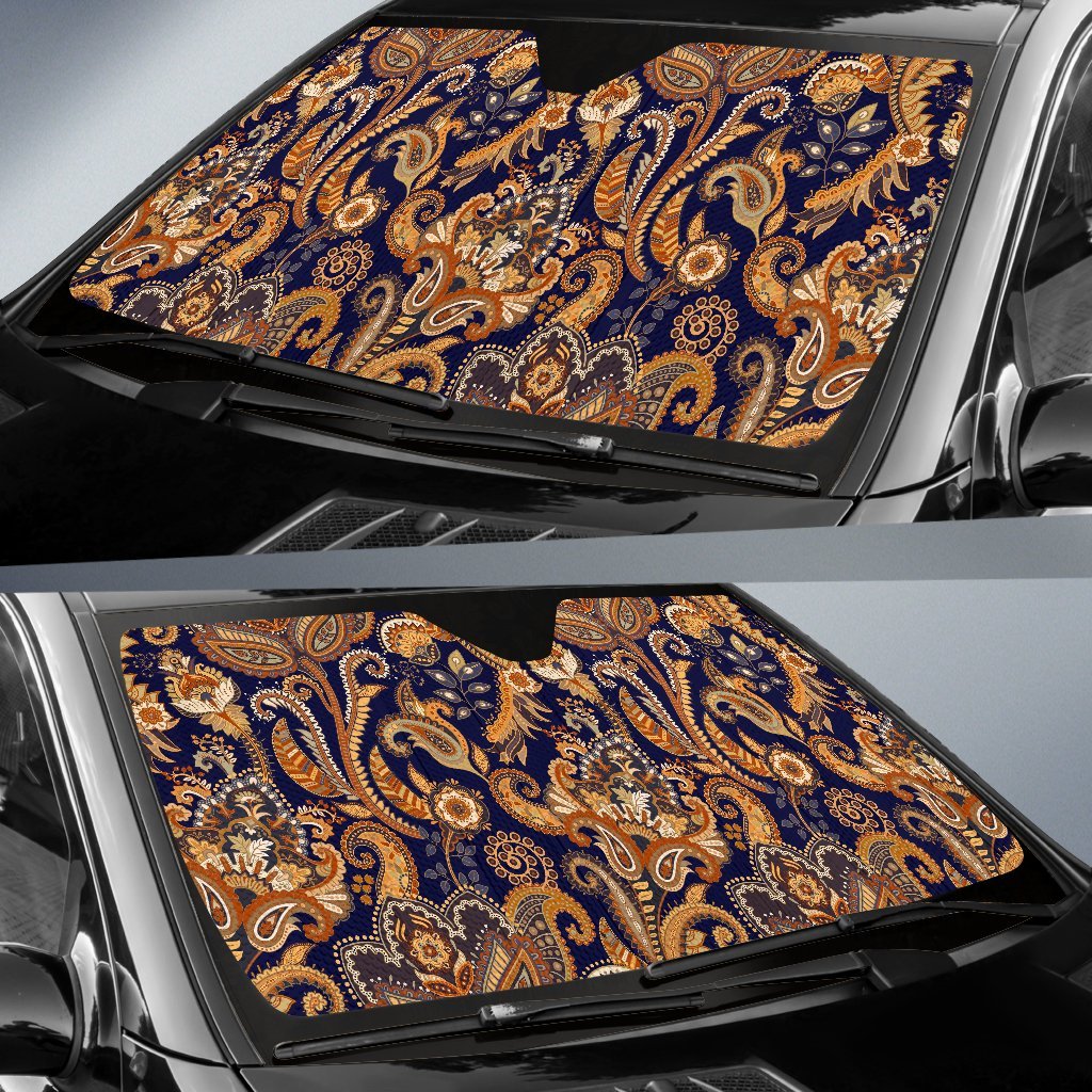 Gold Paisley Pattern Print Car Sun Shade-grizzshop
