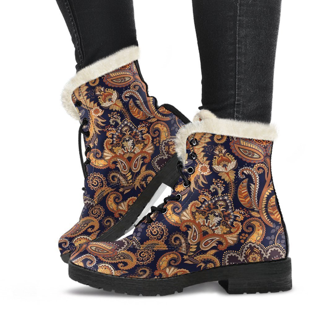 Gold Paisley Pattern Print Comfy Winter Boots-grizzshop