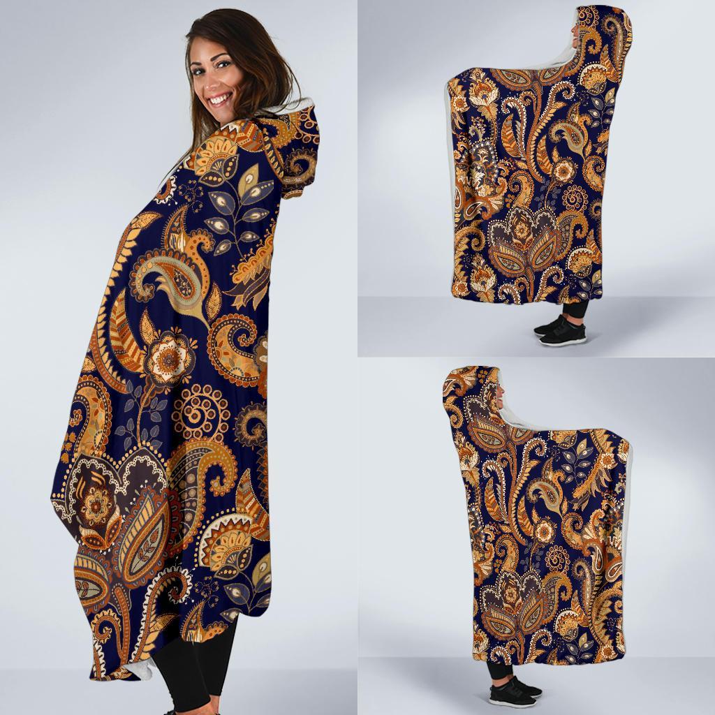 Gold Paisley Pattern Print Hooded Blanket-grizzshop