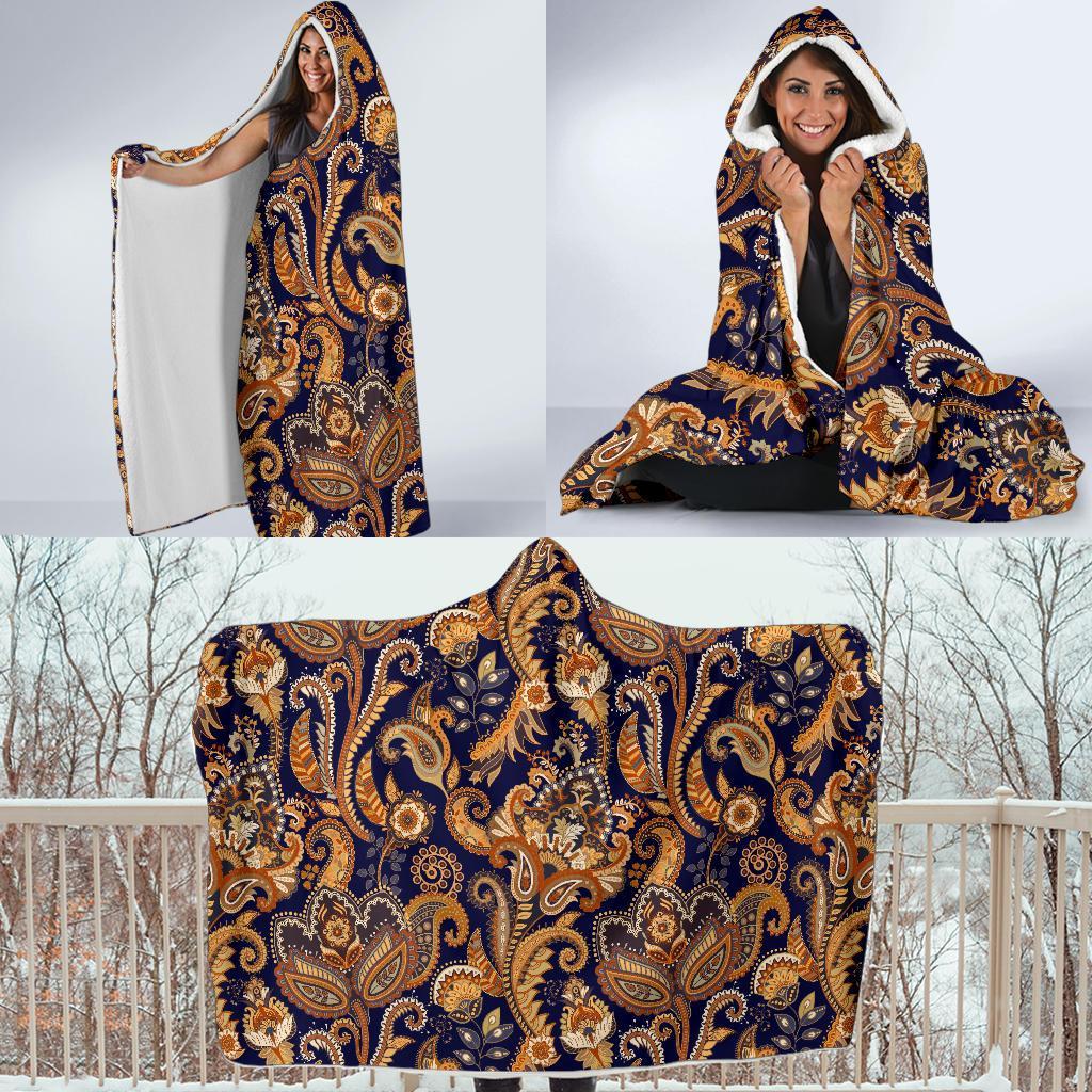 Gold Paisley Pattern Print Hooded Blanket-grizzshop