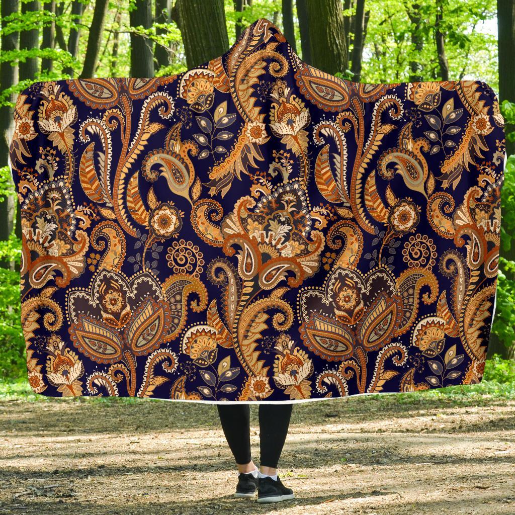 Gold Paisley Pattern Print Hooded Blanket-grizzshop