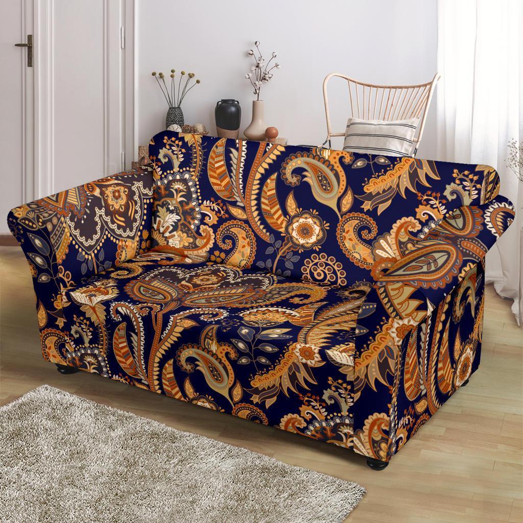 Gold Paisley Pattern Print Loveseat Cover-grizzshop