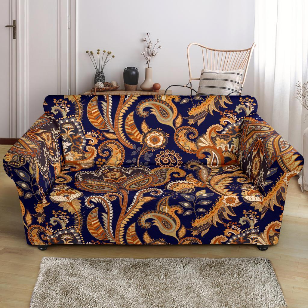 Gold Paisley Pattern Print Loveseat Cover-grizzshop