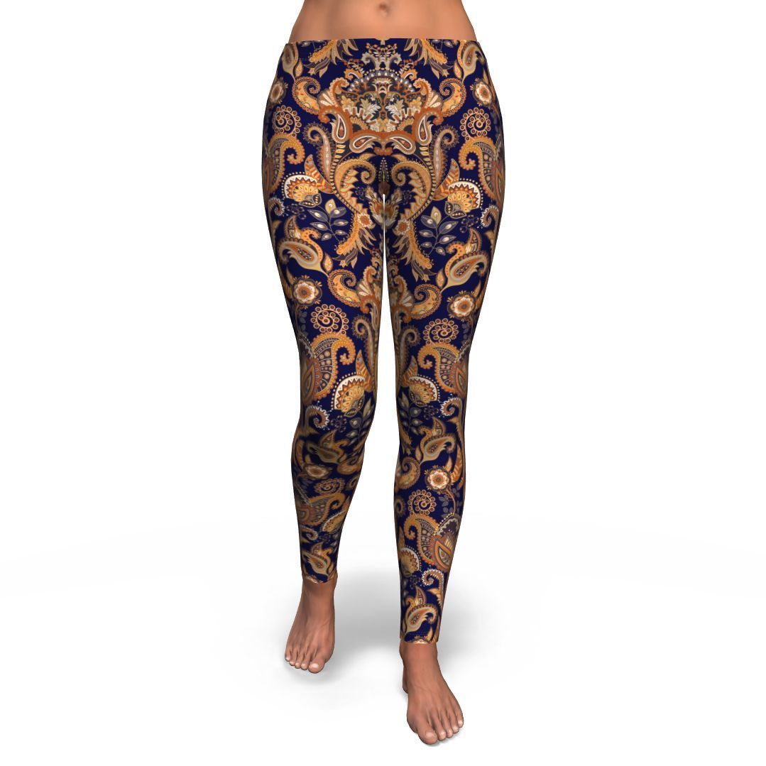 Gold Paisley Pattern Print Pattern Women Leggings-grizzshop