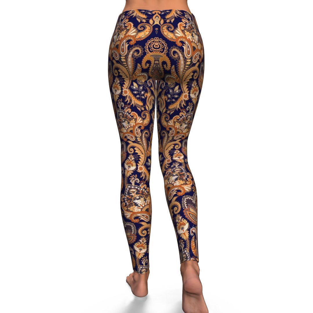 Gold Paisley Pattern Print Pattern Women Leggings-grizzshop