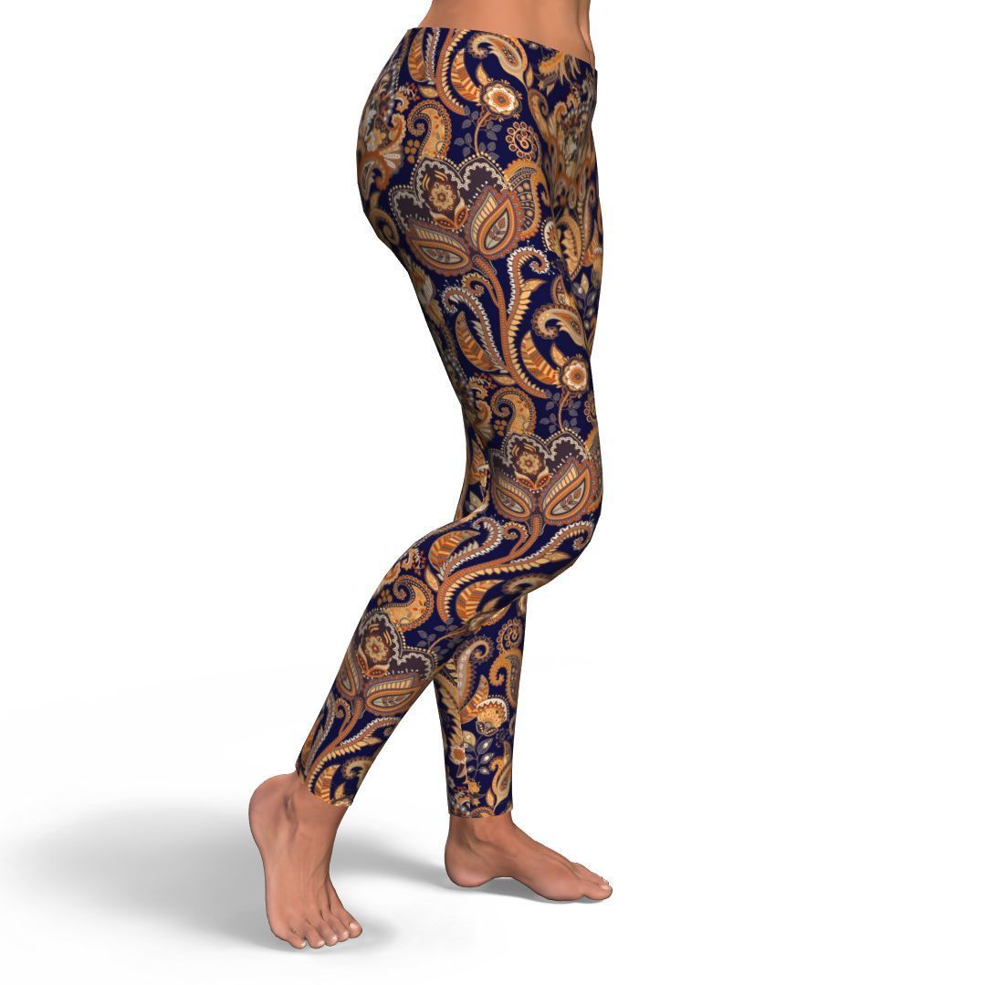 Gold Paisley Pattern Print Pattern Women Leggings-grizzshop