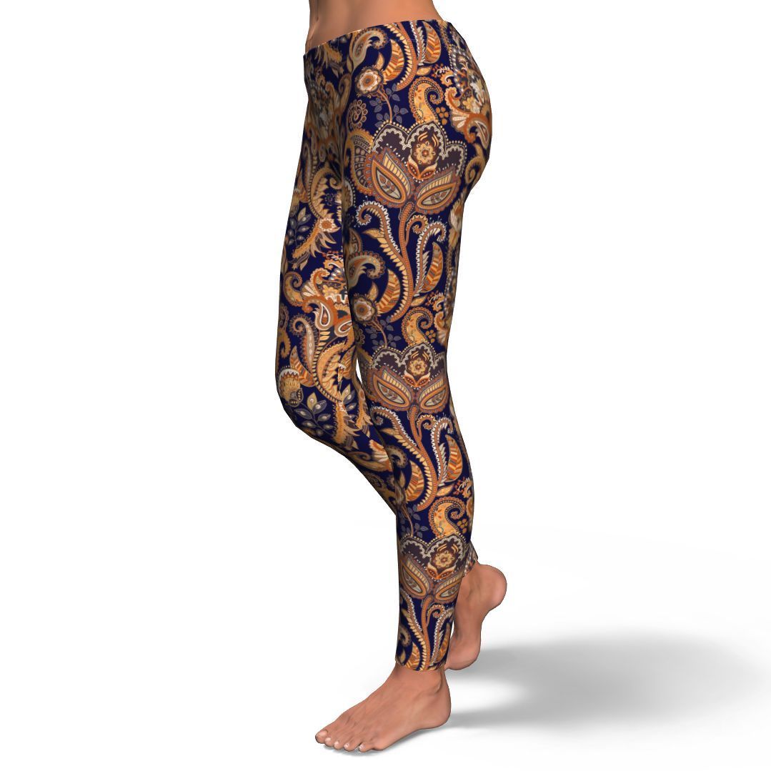 Gold Paisley Pattern Print Pattern Women Leggings-grizzshop